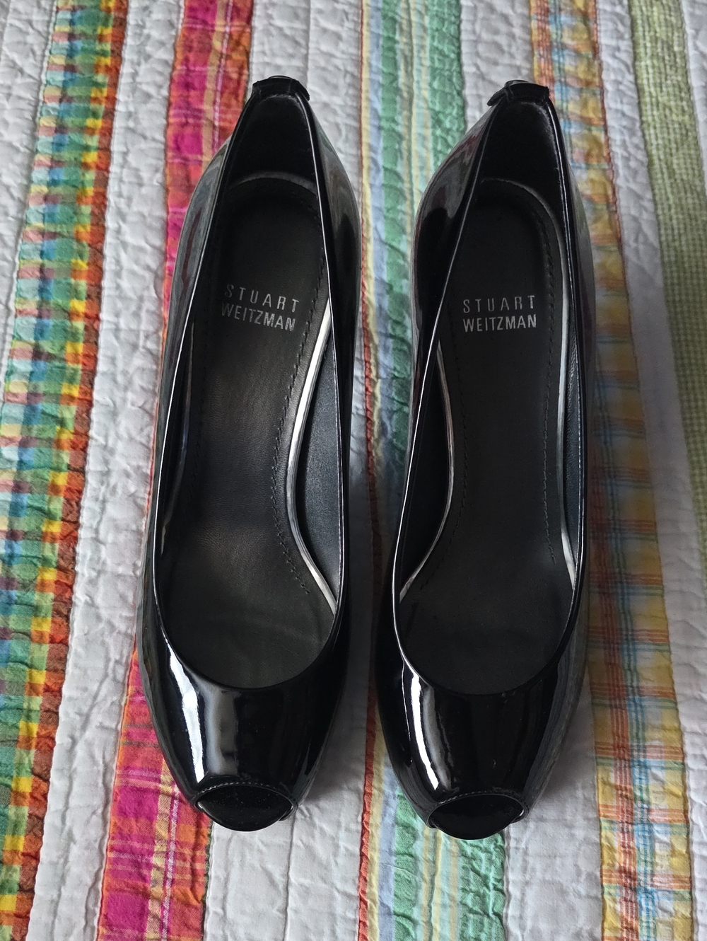 Stuart Weitzman Black Patent Peep-Toe Heels